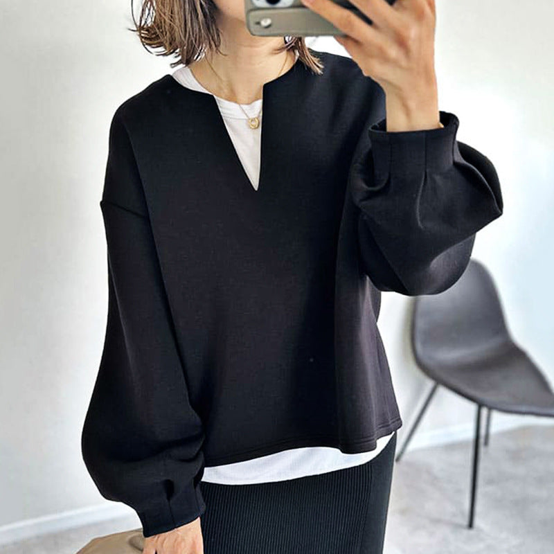 Street-Wave Womens Oversized Long-Sleeve Cotton Top V-Neck