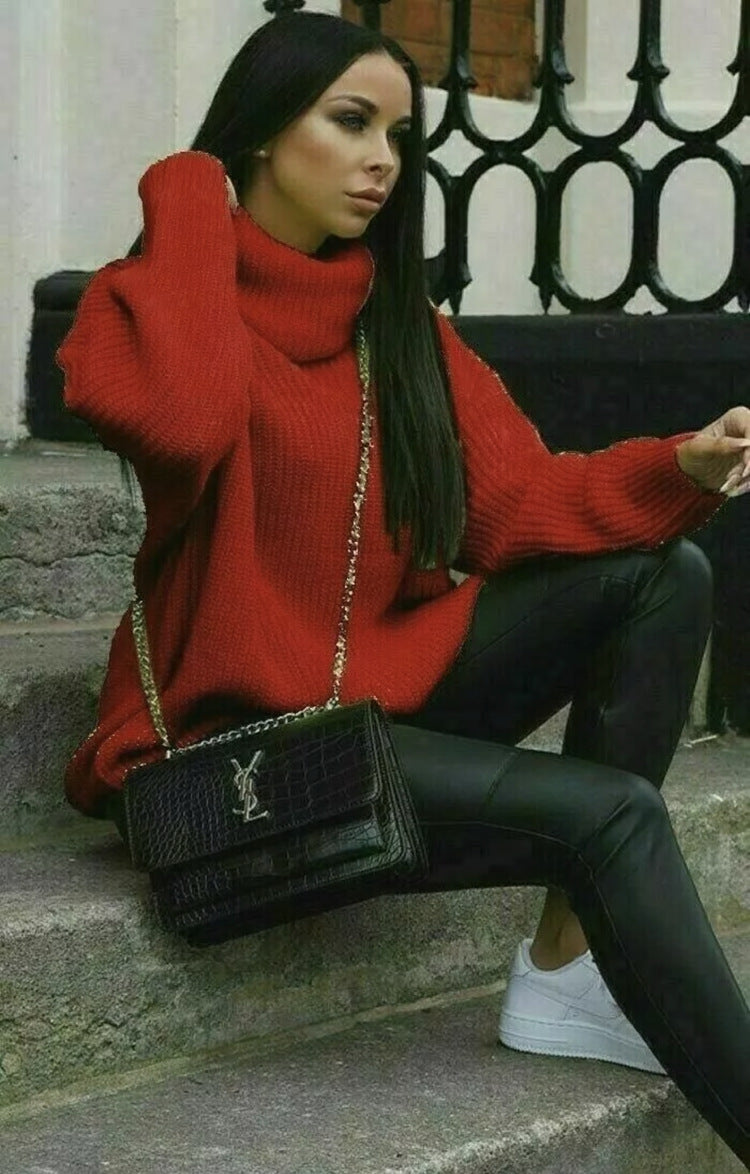 Street Wave Women Oversized Knit Sweater High Collar Cozy