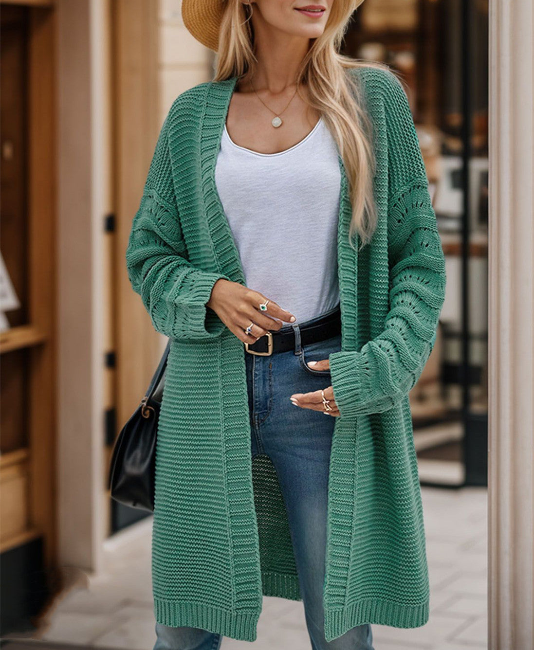 Street-wave Women Long Knit Cardigan With Airy Mesh Knit Open Front For Cozy Everyday Style