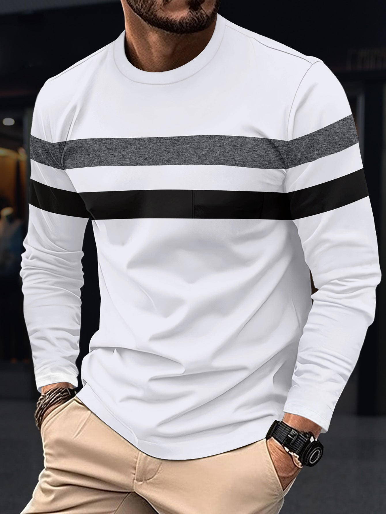 Street-wave Men's Long Sleeve Shirt With Sport Stripe Design, Breathable Comfort, Trendy Urban Wear