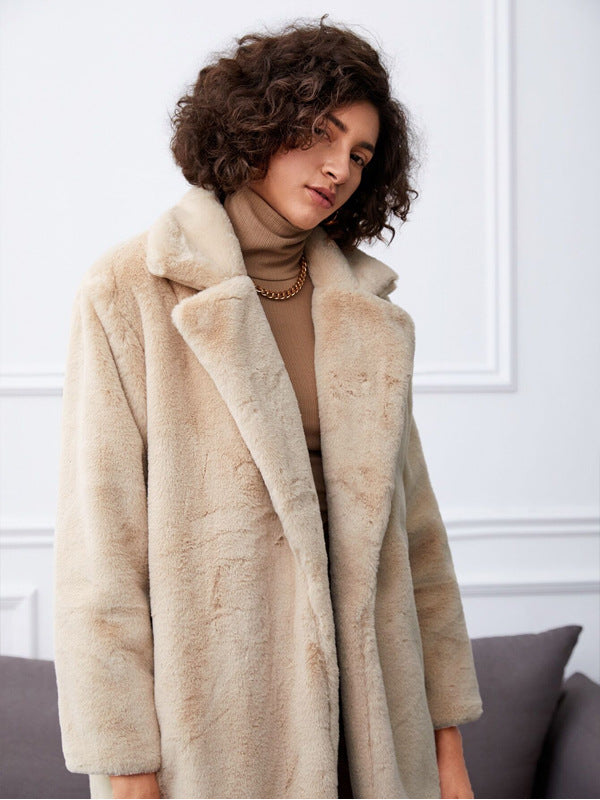 Street-wave Womens Long Faux Fur Coat With Elegant Lapel And Practical Pockets For Luxurious Winter Style