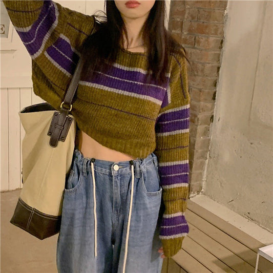 Damen kurz geschnittener Strickpullover mit horizontalem Streifenmuster Street-wave - Street-wave