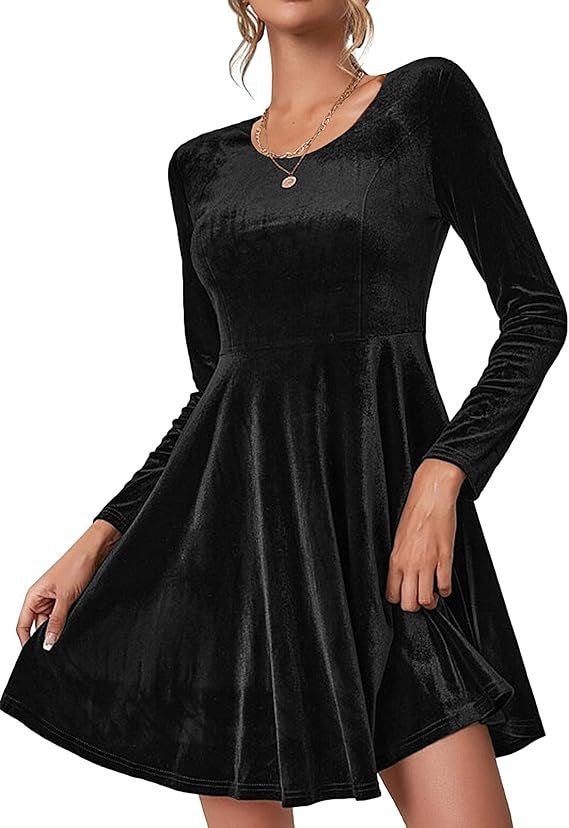 Street Wave Velvet Dress With Curved Hem And Long Sleeves For Women's Luxurious Evening Wear