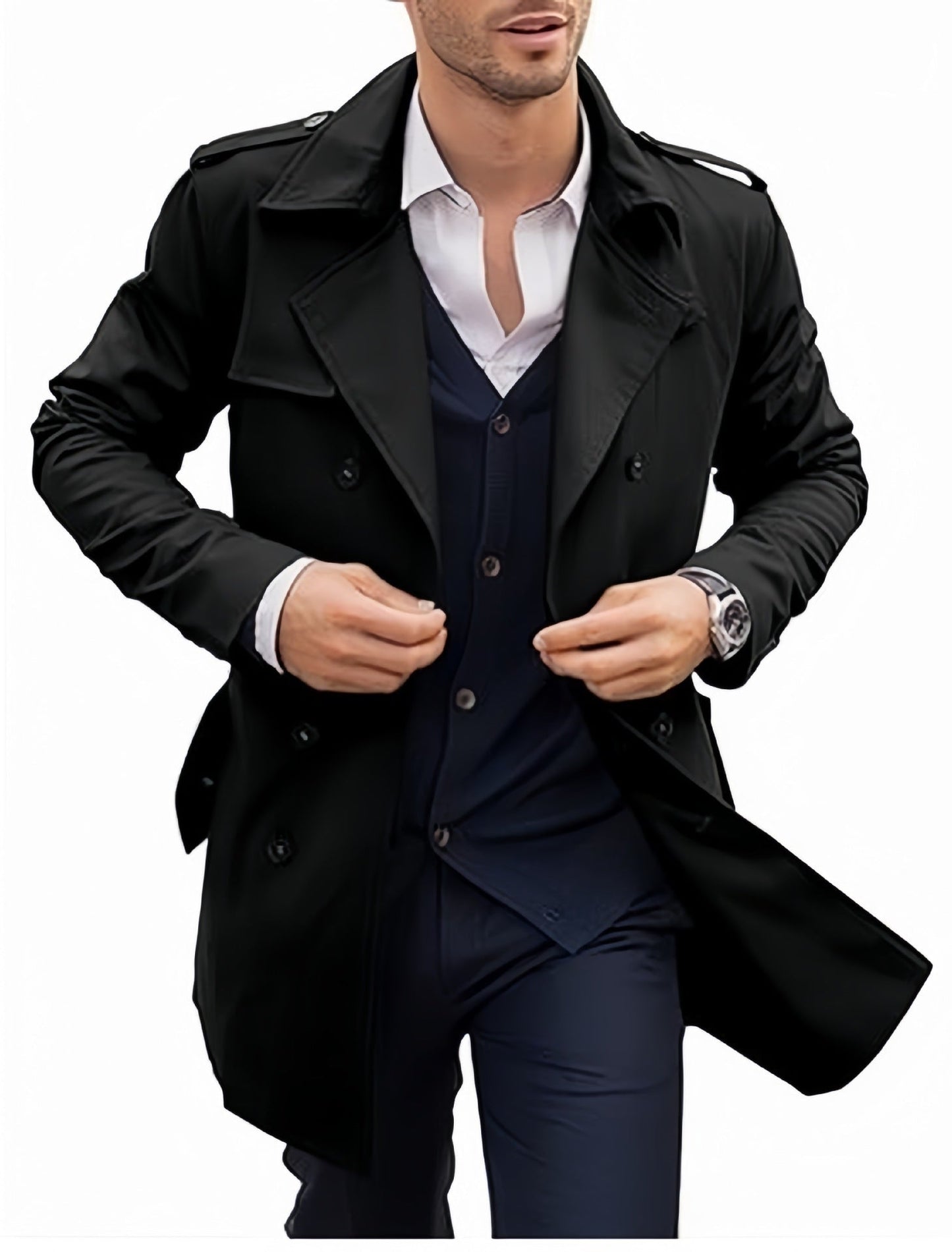 Street-Wave Mens Trench Coat With Structured Design And Double Button Placket For Modern Style