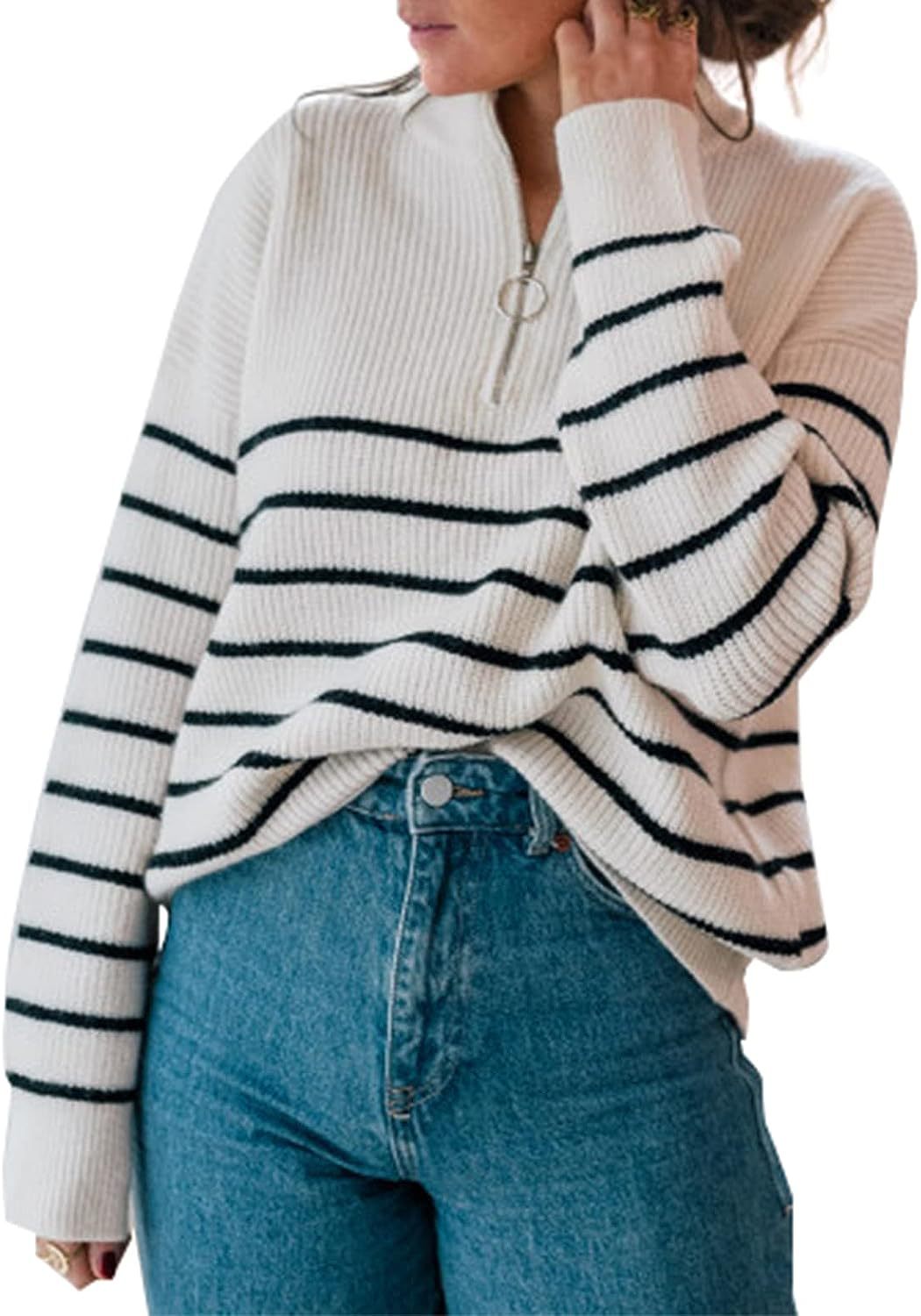 Street-wave Women's Striped Zip Pullover Soft Knit Cozy Casual Everyday Wear For Women