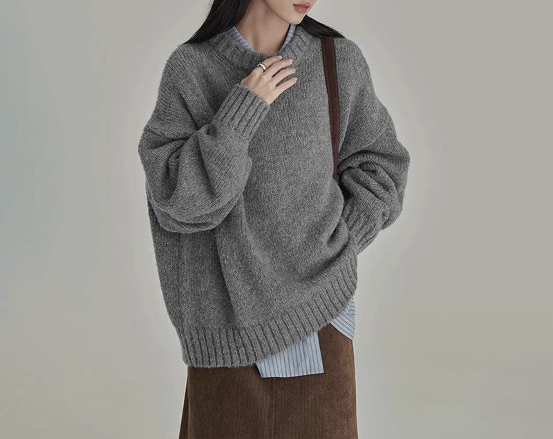 Streetwave Oversized Knitted Wool Pullover For Women Cozy Round Neck With Ribbed Details