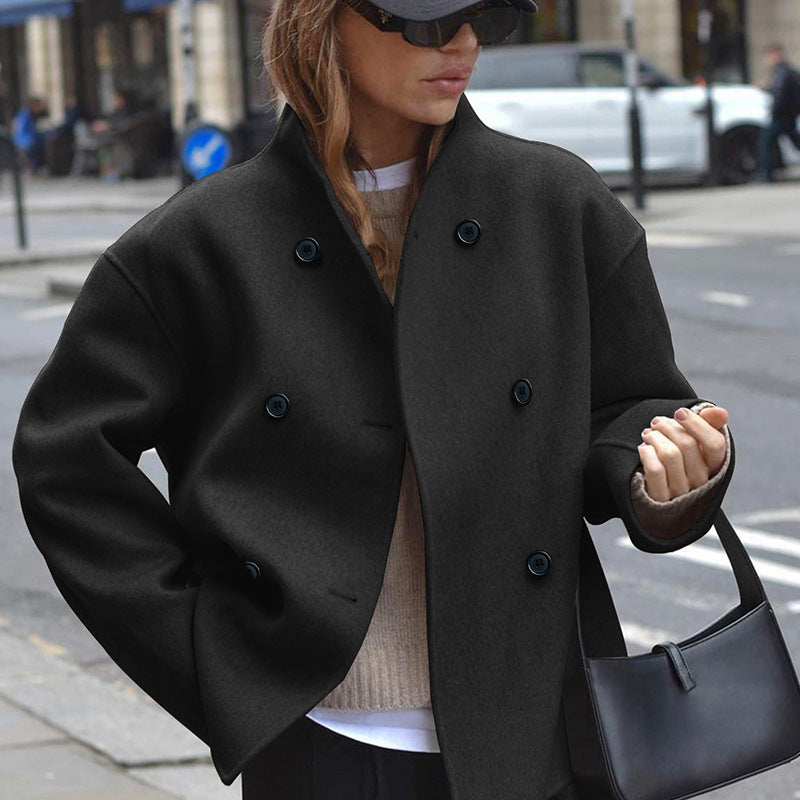 Street Wave Womens Wool Jacket With Double Button Placket Loose Fit Premium Wool Blend