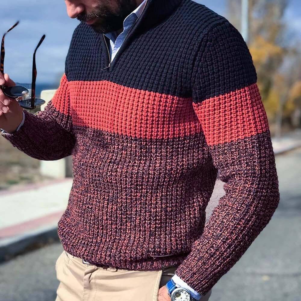 Street-wave Block Color Knit Sweater For Men Warm Acrylic Modern Casual Pullover