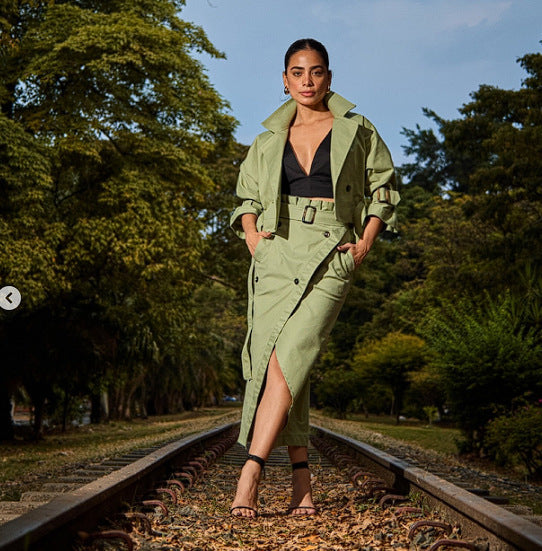 Street-Wave Womens Jacket And Skirt Set Elegant Trench Style With Breathable Comfort For Everyday Wear