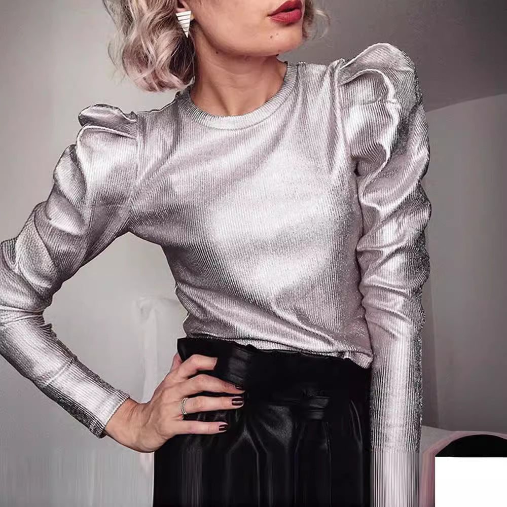 Street Wave Sparkling Top With Voluminous Sleeves For Women Elegant Evening Wear
