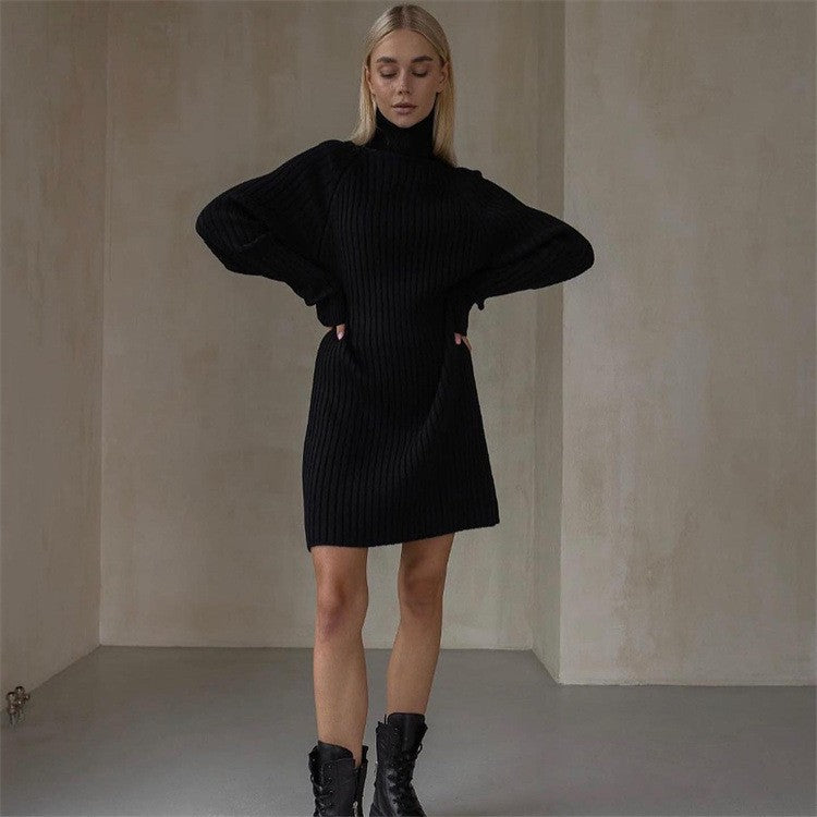 Womens Knit Dress With High Collar And Wide Sleeves Streetwave Cozy Soft Knit Everyday Festive