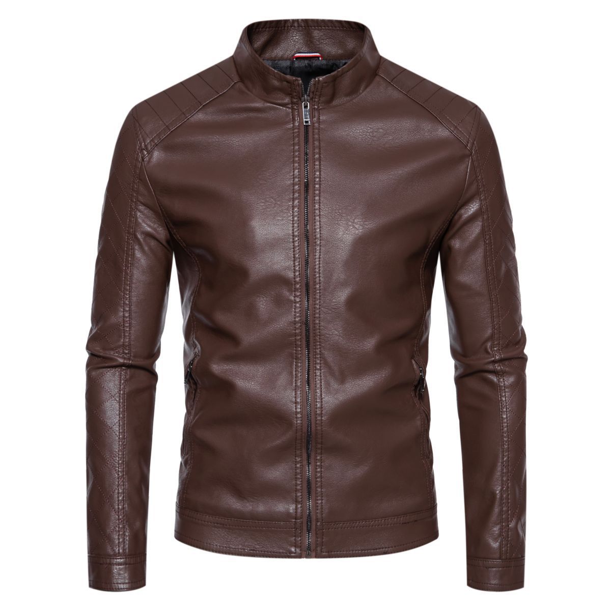 Street-wave Mens Leather Jacket With Stand Collar And Quilted Details Premium Urban Style For Modern Men