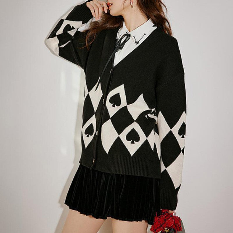 Womens Cardigan Street-wave Heart Button Argyle Knit Pattern Cozy Soft Warm Wool Blend For Women