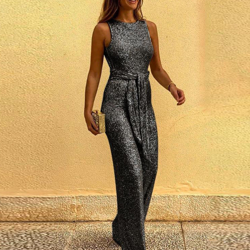 Street Wave Glitter Evening Dress With Elegant Waist Belt For Women Sparkling Formal Gown