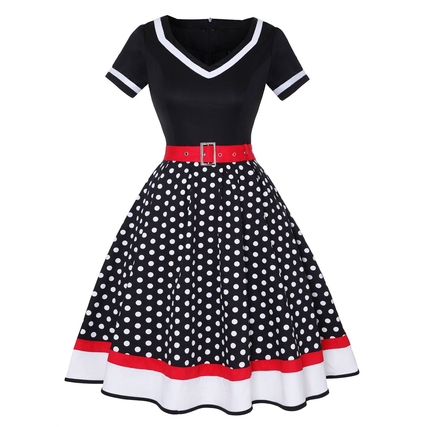 Street-wave Vintage Hepburn Polka Dot Dress For Women Belted Waist Retro Chic A-Line Midi