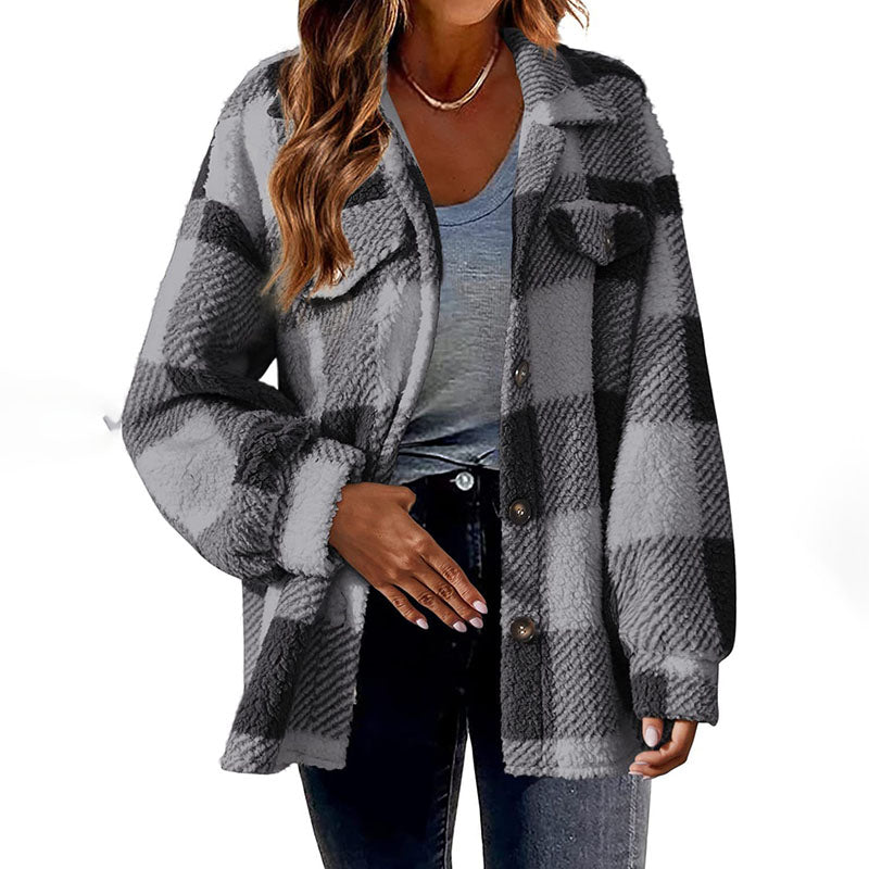 Street-wave Cozy Pink Plaid Coat For Women All Season Warmth With Button Front And Soft Cotton Poly