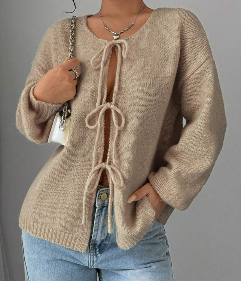 Street-Wave Women Oversized Knit Sweater With Decorative Tie-Front Detail For Cozy Everyday Style