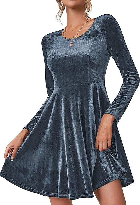 Street Wave Velvet Dress With Curved Hem And Long Sleeves For Women's Luxurious Evening Wear