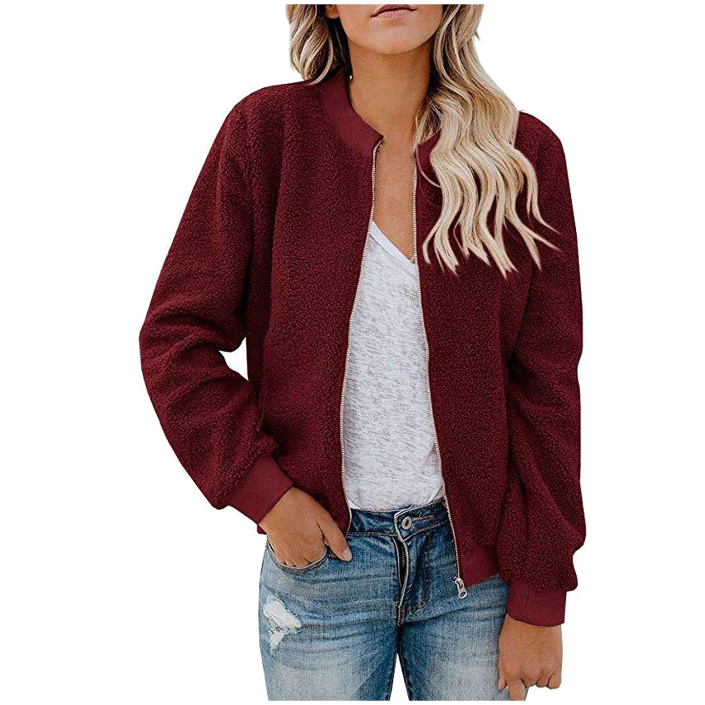 Street Wave Womens Fleece Bomber Jacket With Stand Collar Cozy Warm Everyday Wear