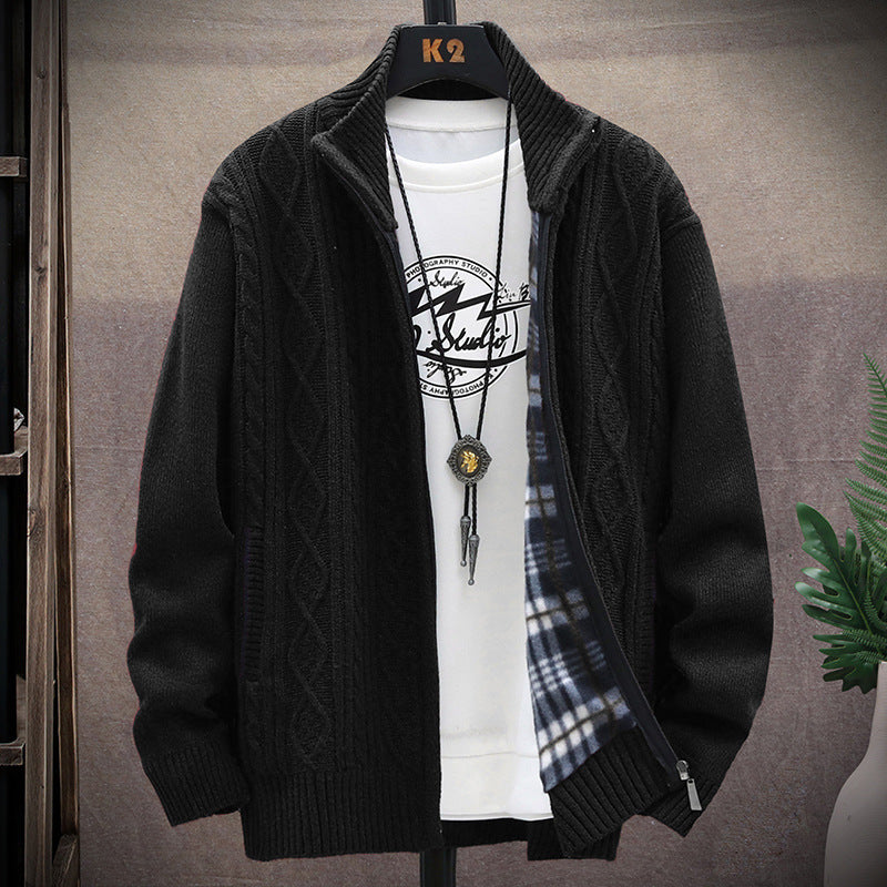 Streetwave Men's Knit Cardigan With Faux Leather Details And High Collar For Cozy Cold Weather