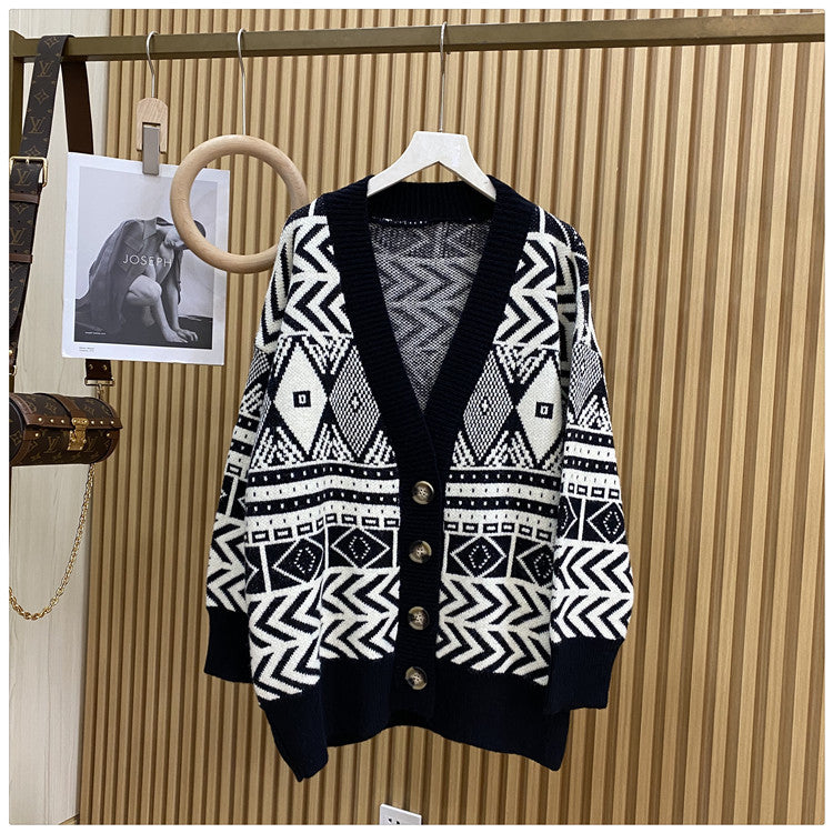 Streetwave Womens Oversized Cardigan With Geometric Pattern Soft Wool Cozy Warmth