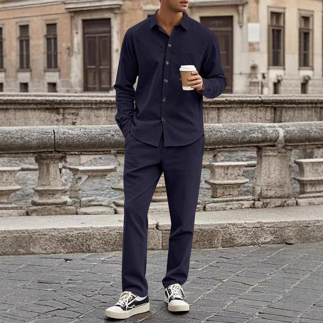 Men's Corduroy Shirt And Pants Set With Relaxed Fit Button Closure Casual Nordic Flair