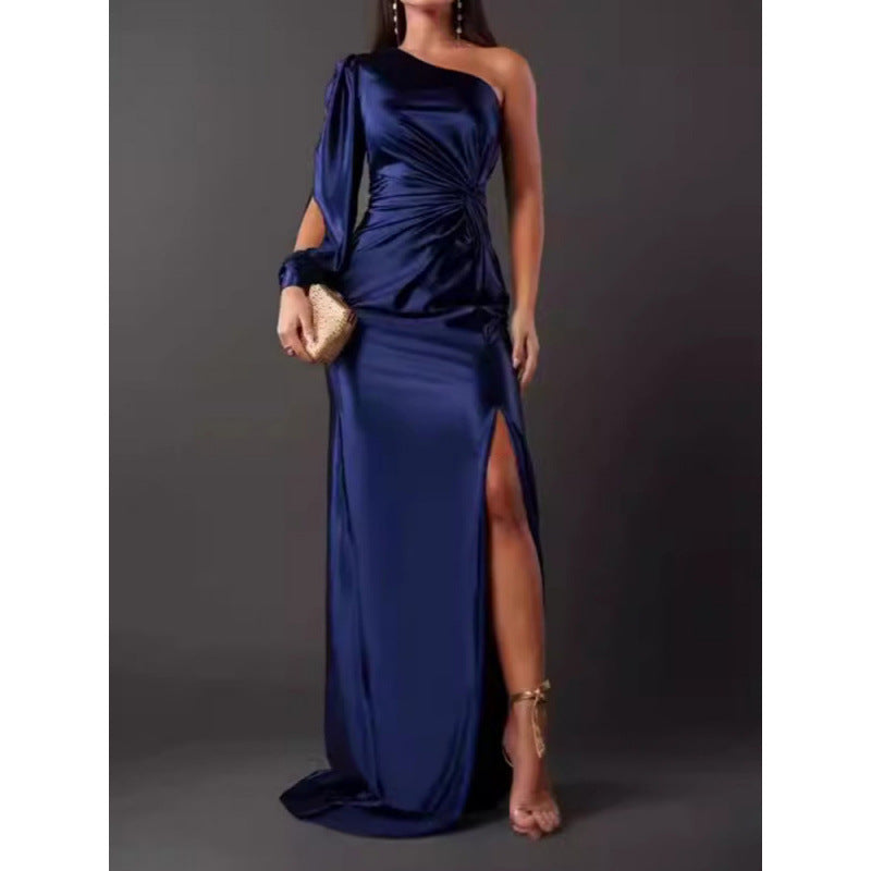 Street Wave Satin One Shoulder Maxi Dress For Women With Slim Fit And High Slit