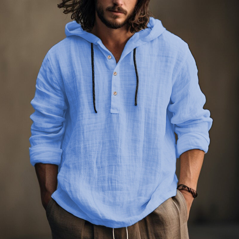 Streetwave Mens Linen Hooded Shirt With Button Placket For Casual Comfort And Breathable Style