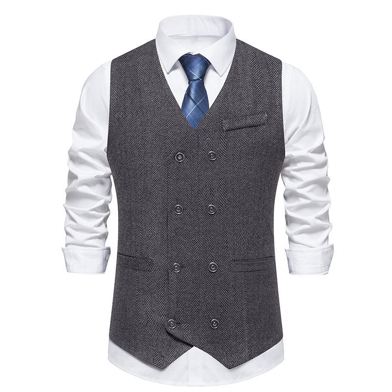 Streetwave Herringbone Waistcoat Mens Elegant Formal Wear Double Breasted Six Button Front