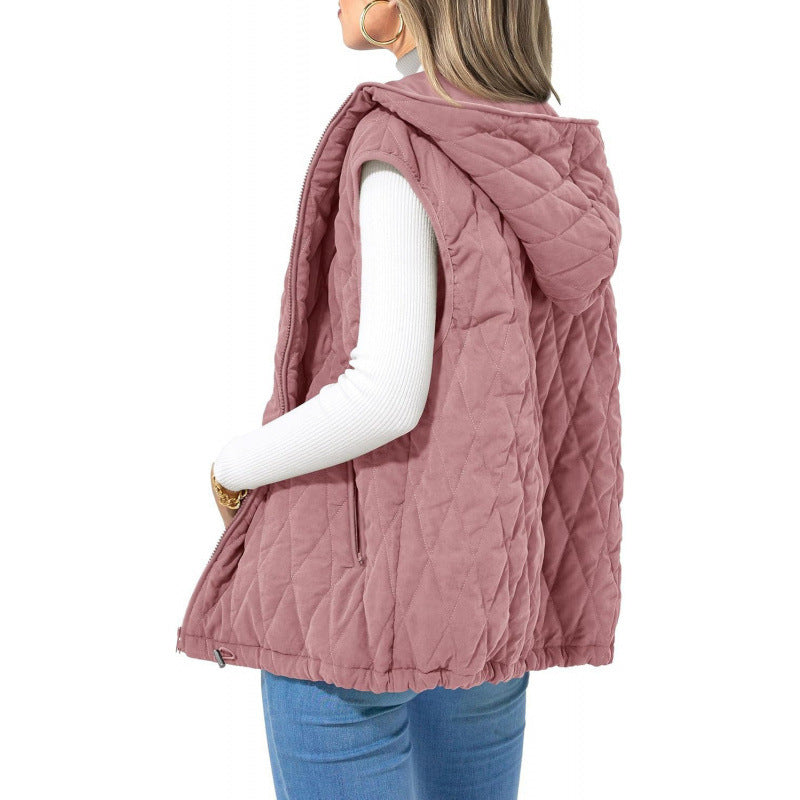 Street-Wave Women Quilted Hooded Vest With Side Zip Pockets Cozy Versatile Outerwear