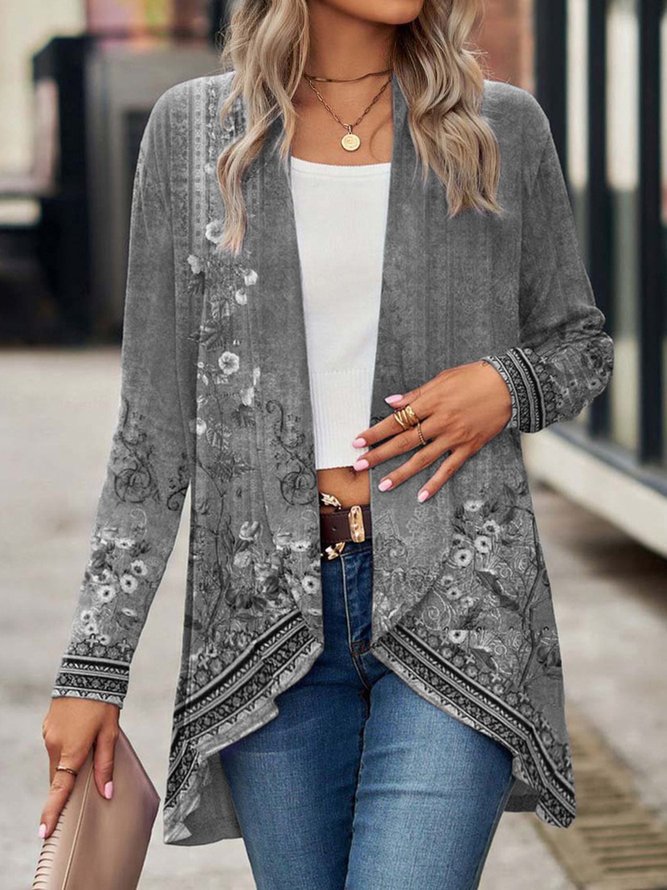 Street Wave Floral Open Front Long Jacket For Women Boho Chic Transitional Outerwear