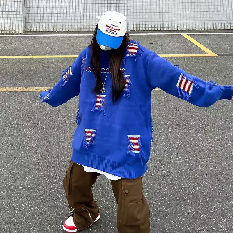 Womens Urban Knit Sweater With Distressed Patches And Rib Details Street-wave Cozy Everyday Wear