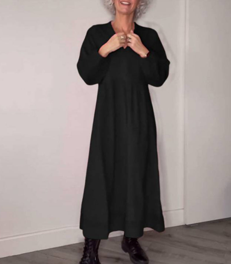 Street-wave Womens Maxi Dress With Elegant V-Neck And Comfortable Long Sleeves In Breathable Fabric For All Day Comfort