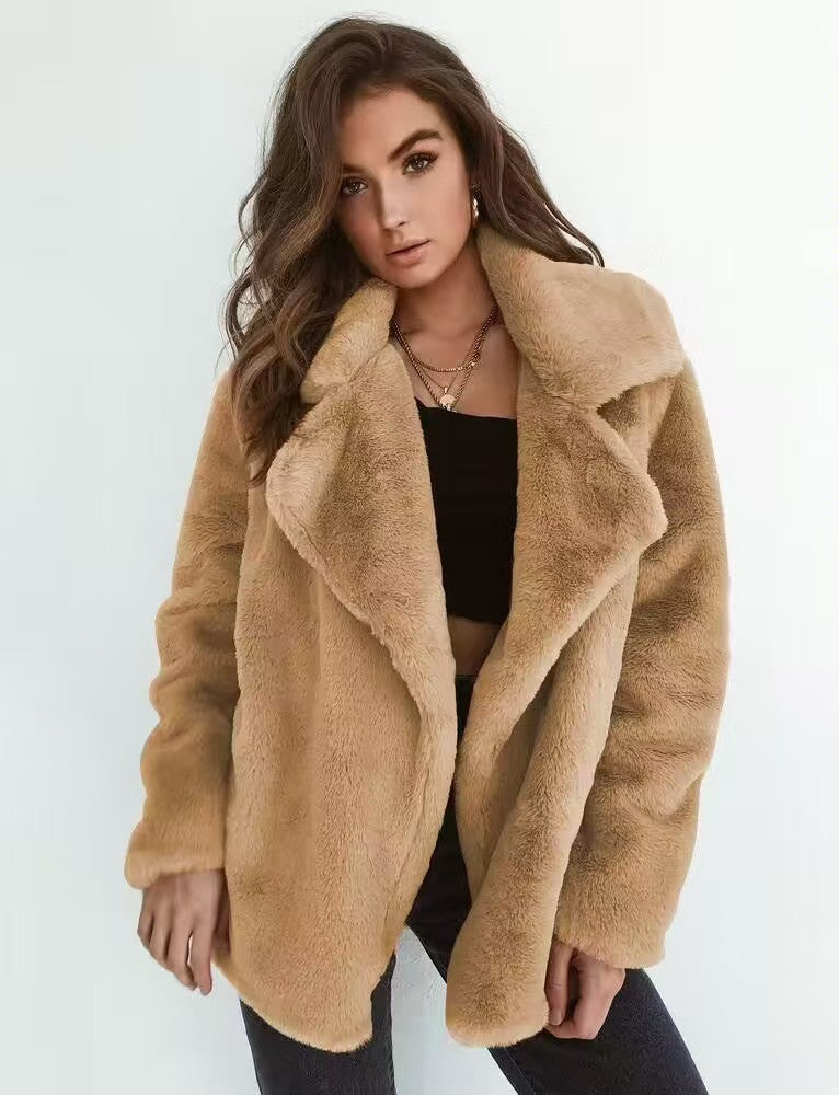 Street-wave Women Cozy Faux Fur Jacket With Elegant Lapel For Plush Warmth And Style