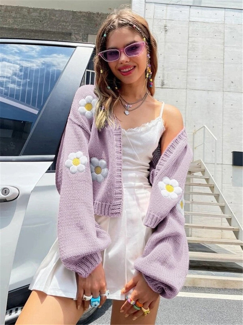 Street-wave Womens Floral Appliqué Knit Cardigan With Bright Colors For Fashionable Summer Look