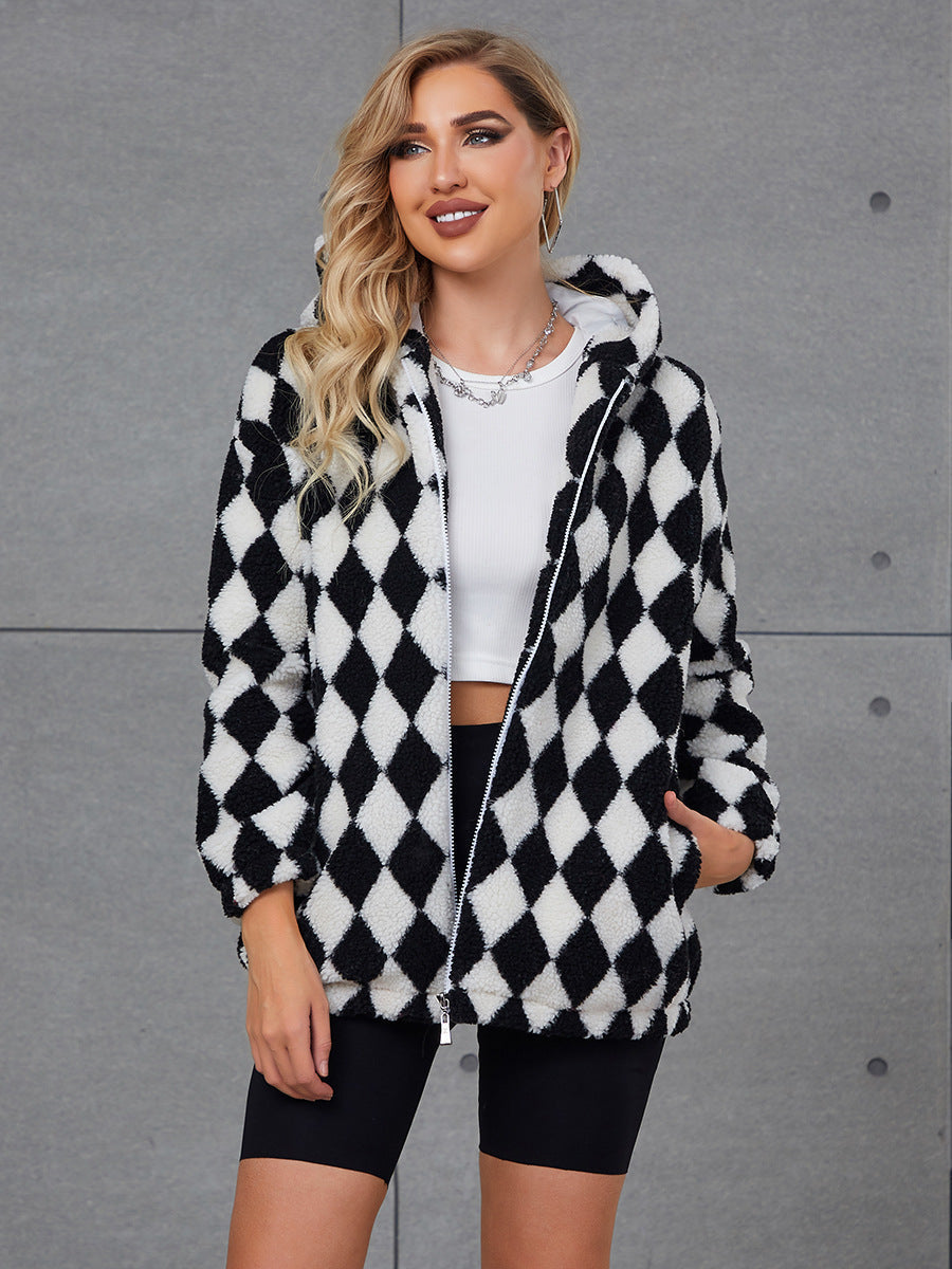 Streetwave Ladies Fluffy Fleece Jacket With Hood Plaid Pattern Cozy Warm Outerwear