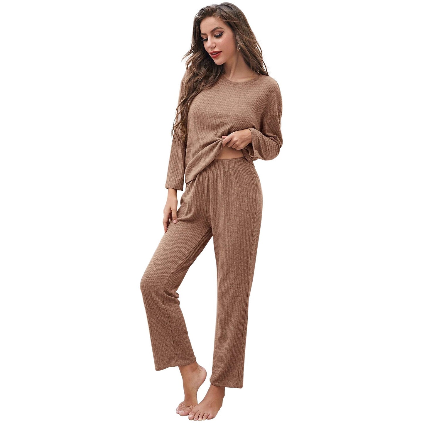 Street-Wave Women Soft Knit Long Sleeve Pajama Set With Elastic Waistband Cozy Lounge Wear