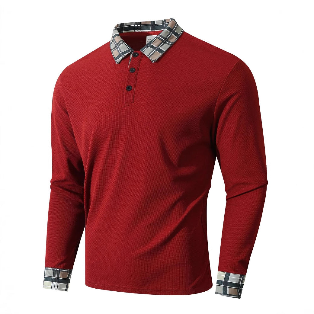 Street-Wave Mens Premium Long Sleeve Polo Shirt With Structured Collar And Fine Plaid