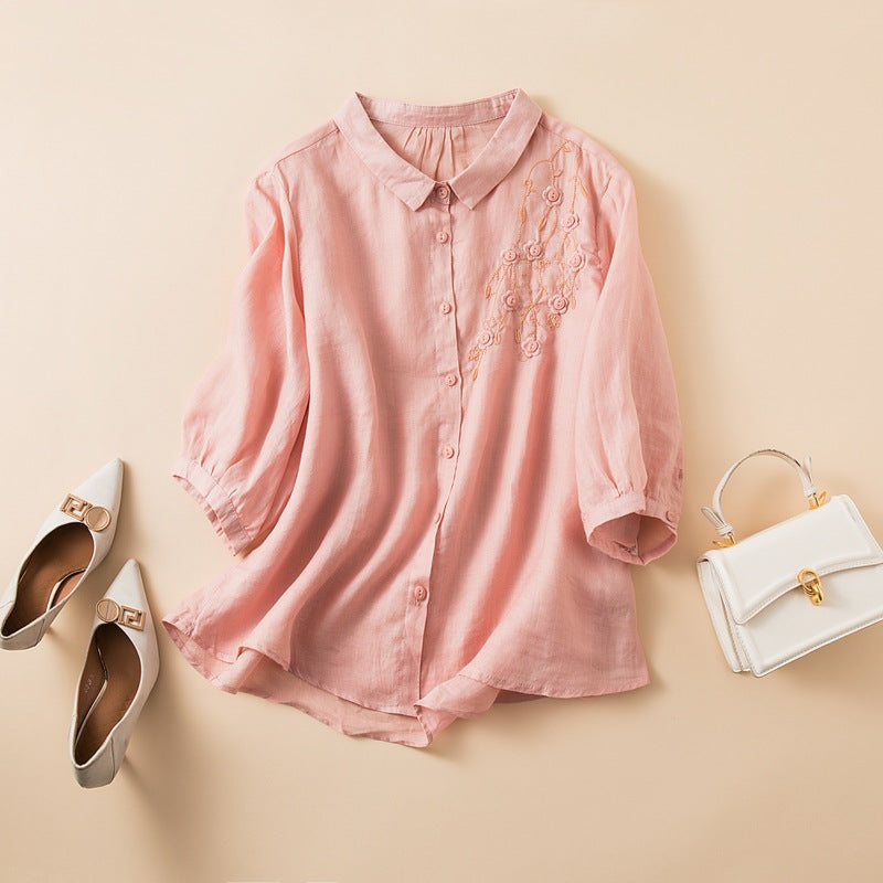 Women's Shirt – Natural Fibers – Relaxed Fit – Embroidered Chest – Medium-Length Sleeve