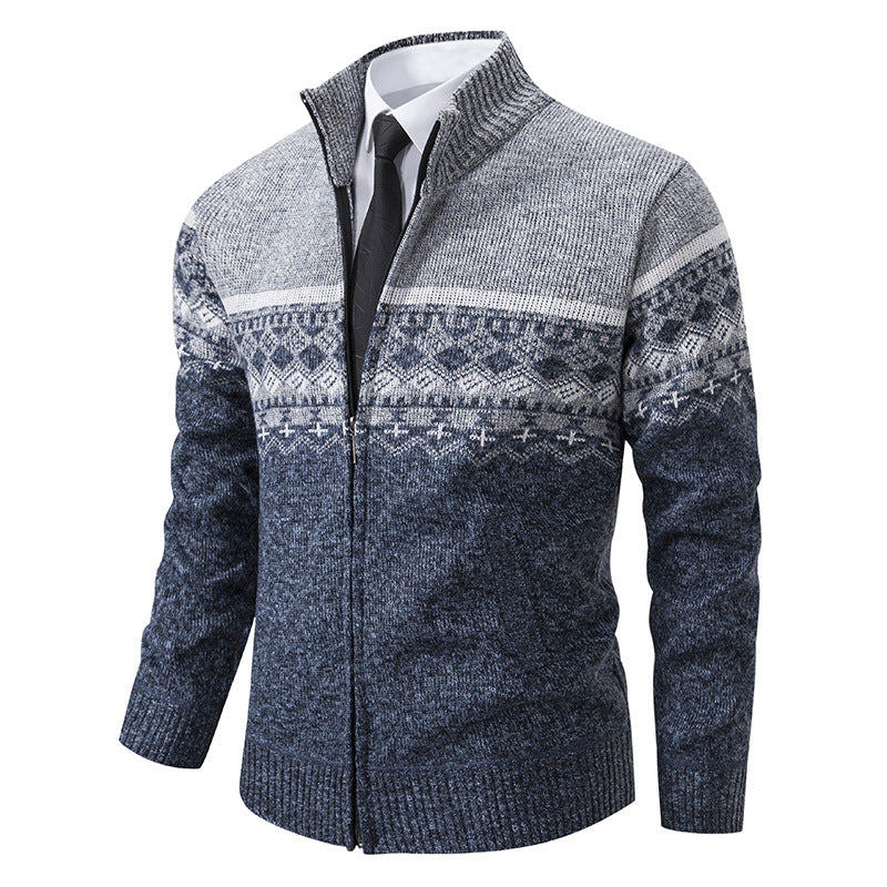 Street-wave Men's Knit Cardigan With Stand Collar And Nordic Pattern In Soft Breathable Wool