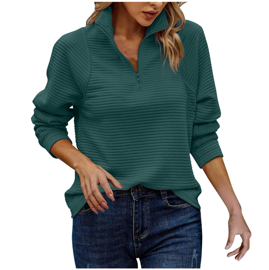 Street-wave Women's Waffle Knit Zip Up Pullover With Stand Collar Cozy Everyday Essential