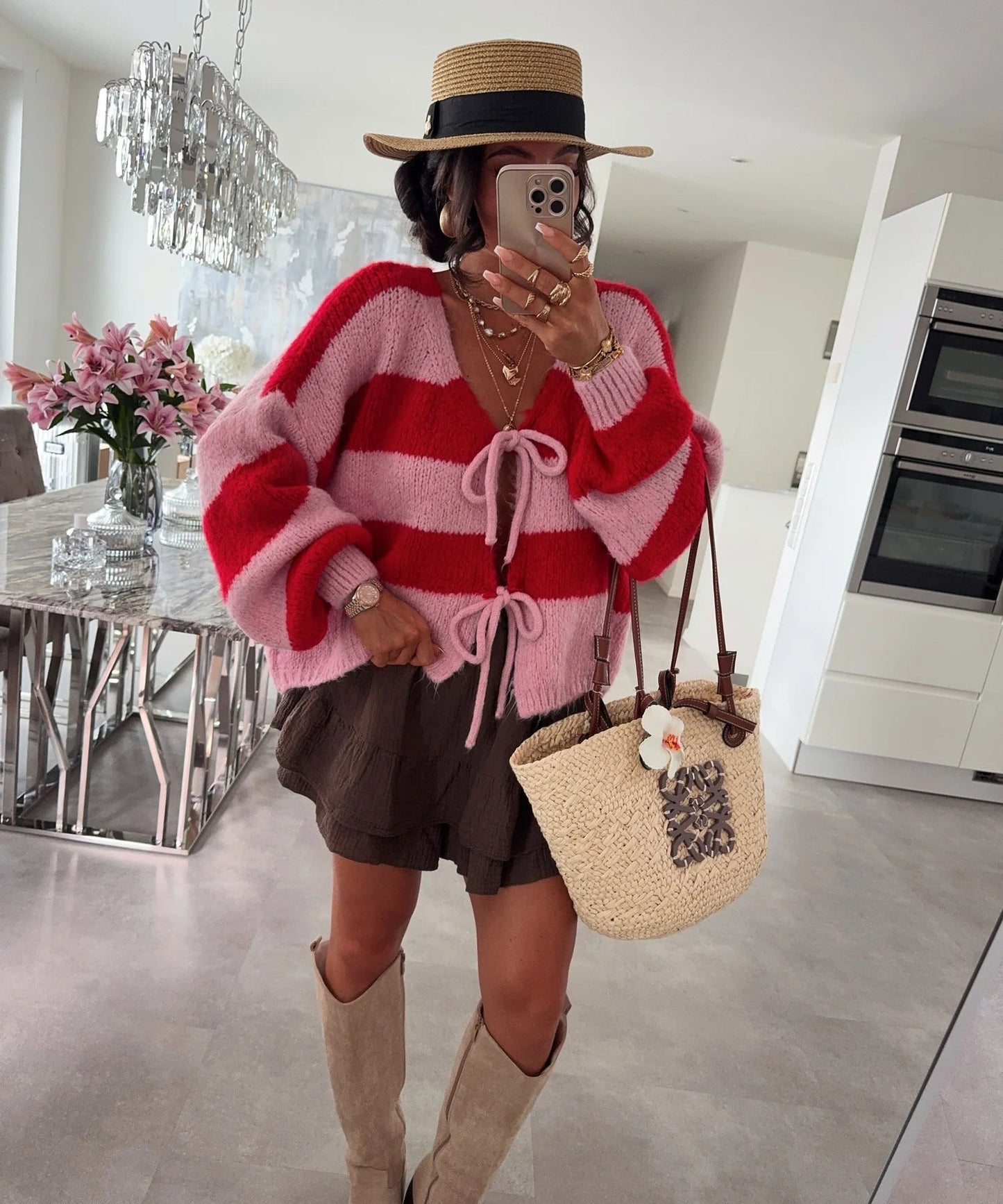 Streetwave Womens Striped Knit Cardigan With Loose Fit And Tie Belt For Everyday Style