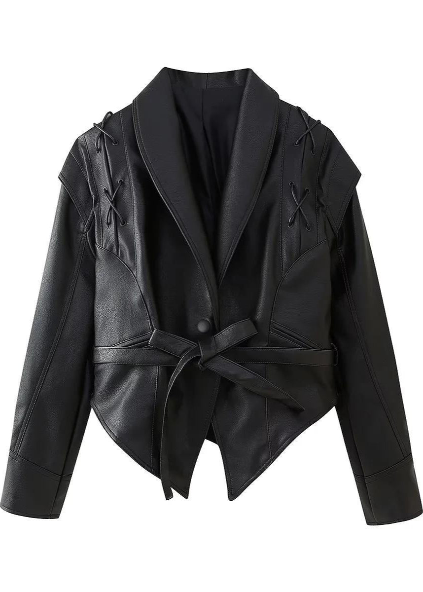 Street-wave Women's Belted PU Leather Blazer Waist-Defining Chic Black Jacket for Everyday Style