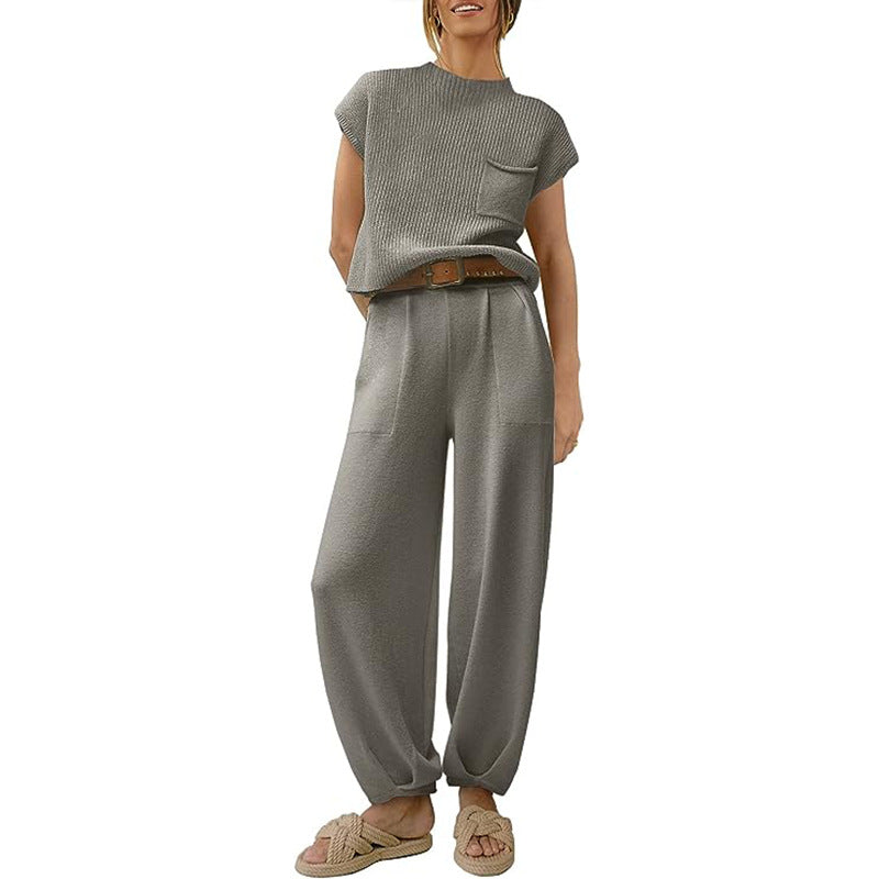 Street Wave Women's Knit Set Cropped Top Chest Pocket High Waist Wide Pants