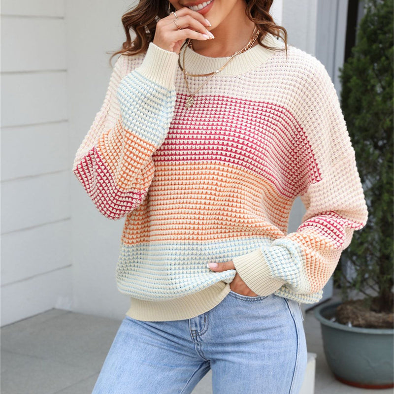 Street Wave Women Soft Acrylic Knit Sweater With Wide Stripe Pattern Cozy Colorful Pullover