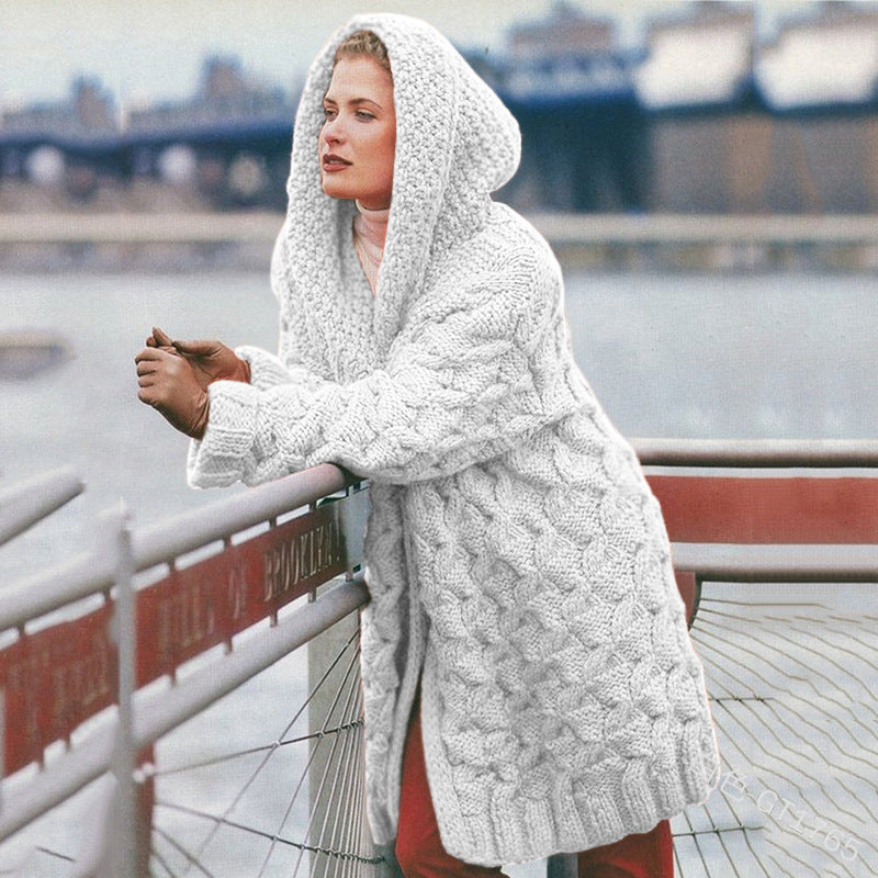 Street-wave Women's Oversized Chunky Knit Hooded Coat Cozy Warmth Soft Wool Casual Chic Outerwear