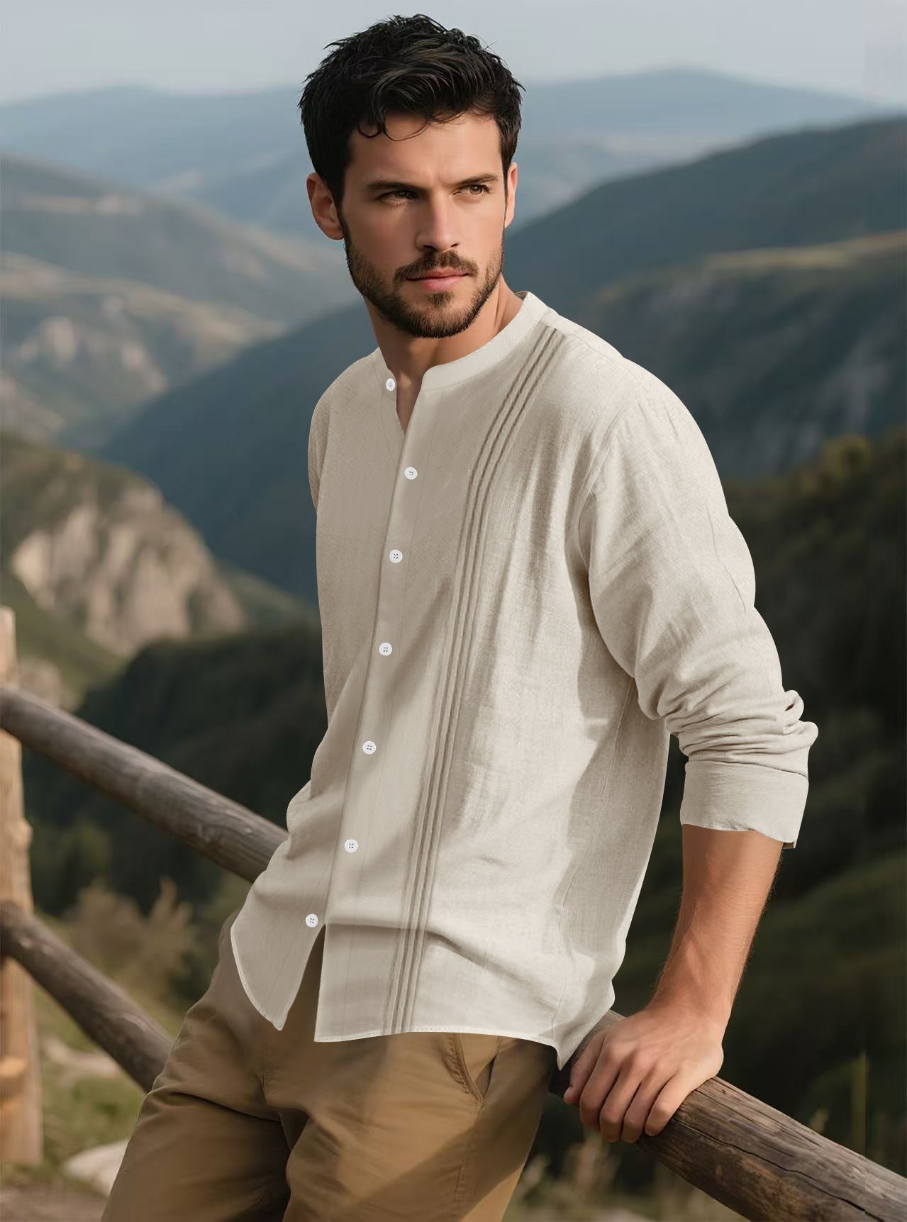 Streetwave Mens Stand Collar Long Sleeve Shirt With Pleated Front Accents For Office And Everyday Wear