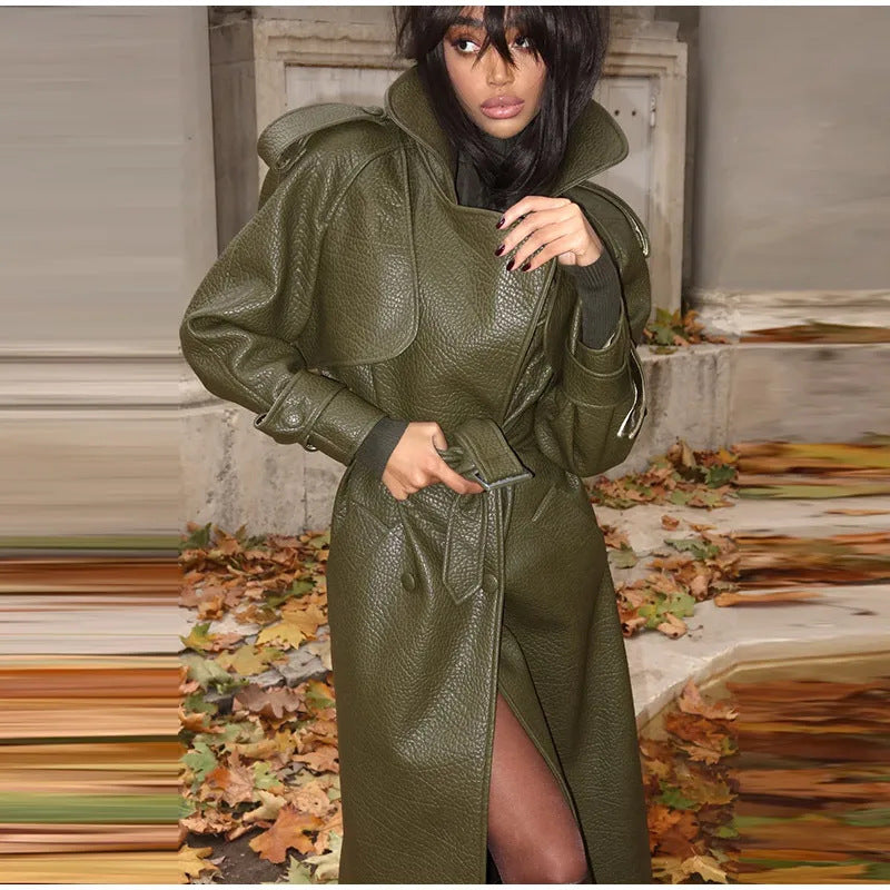 Street Wave Women's Faux Leather Trench Coat With High Collar And Removable Belt Oversized Modern Style