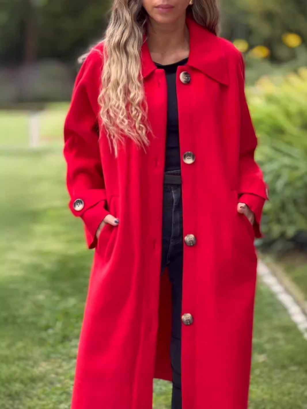 Street-Wave Women's Wool-Blend Coat With Relaxed Fit Front Button Closure Bold Lapels