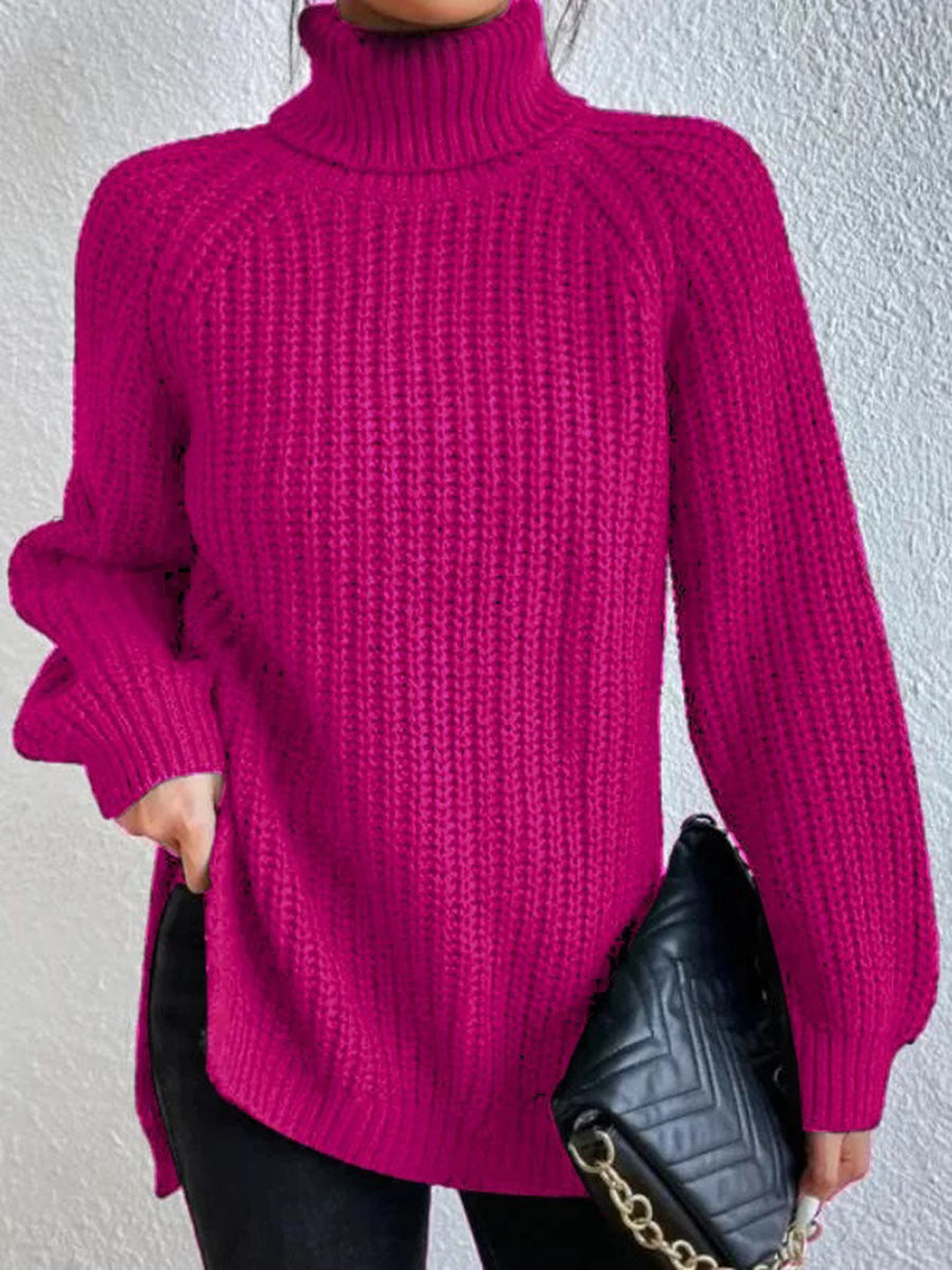 Street-Wave Cozy Turtle Neck Ribbed Knit Pullover With Side Slits For Women All Day Comfort